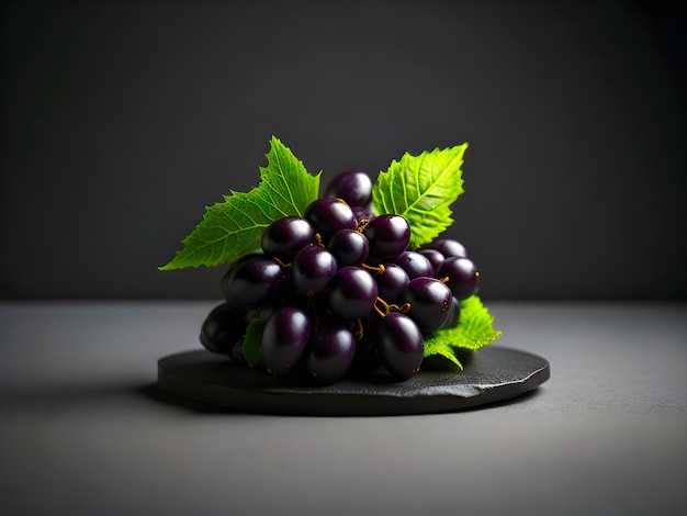 A bunch of grapes with green leaves on a black stone plate.