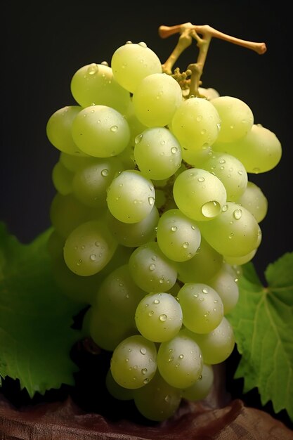 A bunch of grapes with the green leaves on them