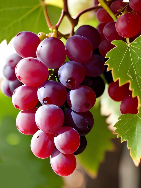 A bunch of grapes with the green leaves on them