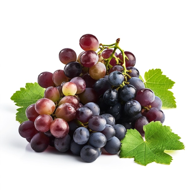 A bunch of grapes with green leaves on a white background