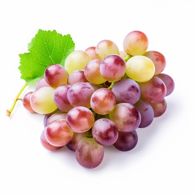 A bunch of grapes with a leaf on it