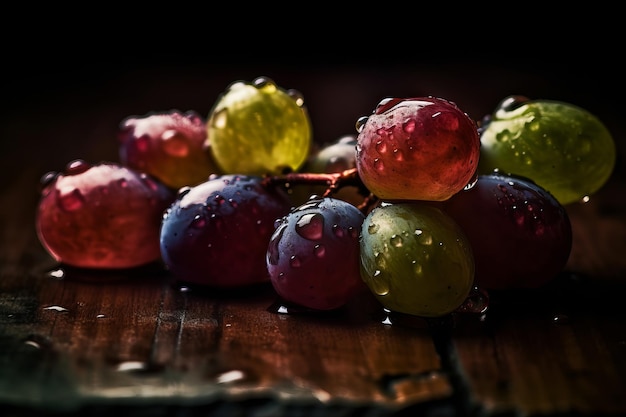 A bunch of grapes with rain drops on them