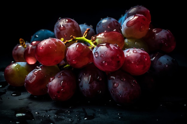 A bunch of grapes with water droplets on them