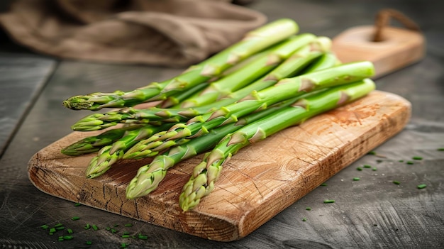 A bunch of green asparagus on a wooden cutting board