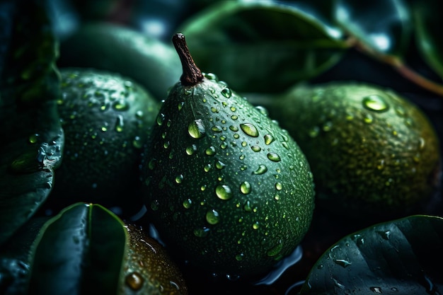 A bunch of green avocados with water drops on them