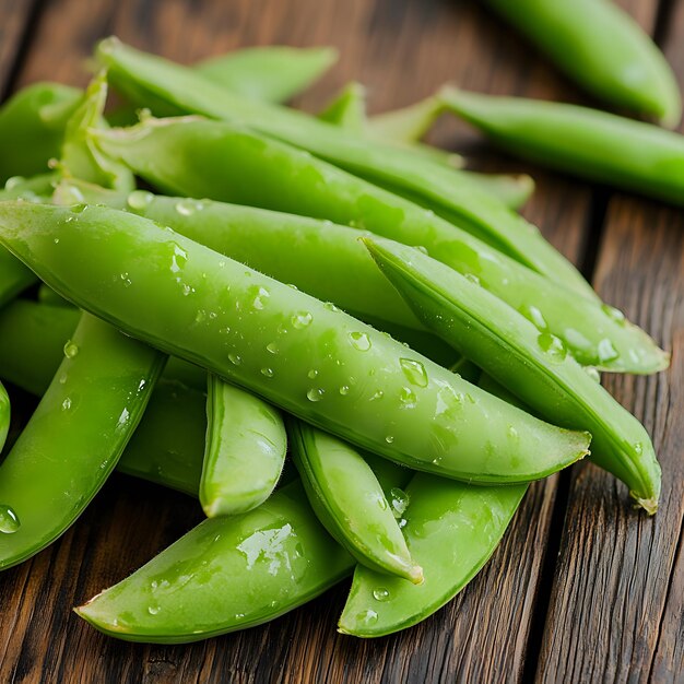 a bunch of green beans are on a wooden table