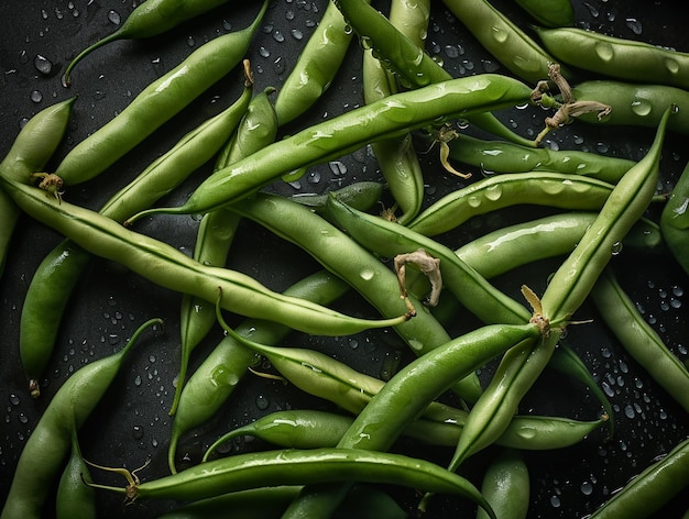 A bunch of green beans with water droplets on them