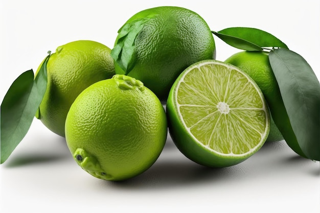 A bunch of green citruses for vitamin drinks in form of lime on white