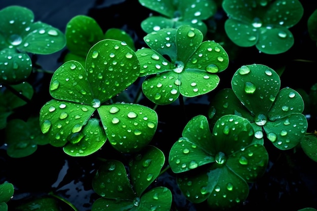 A bunch of green clovers with water droplets on them