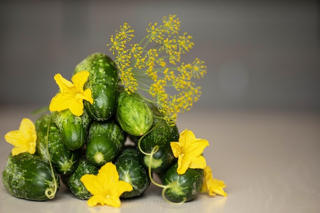 a bunch of green fresh cucumbers with yellow flowers