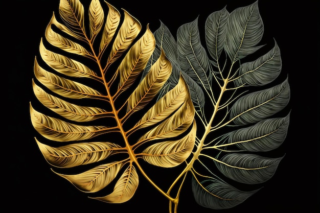 a bunch of green and gold monstera leaves on a black background