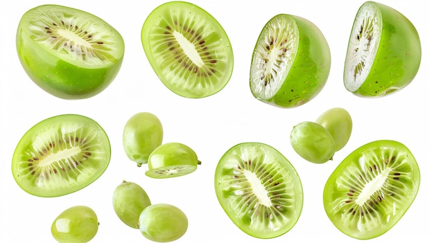 a bunch of green grapes are cut in half and one has a green kiwi on it