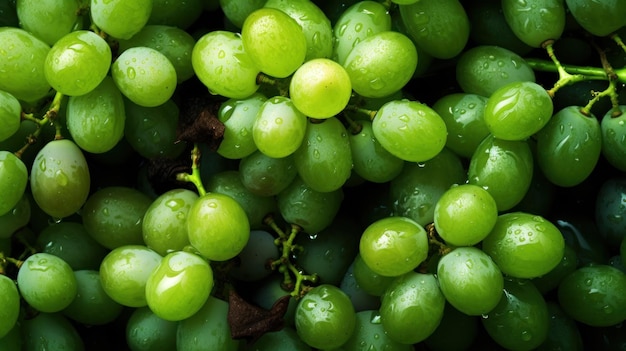 A bunch of green grapes with the rain drops on them