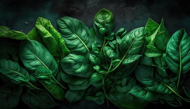 A bunch of green leaves of spinach on a black background