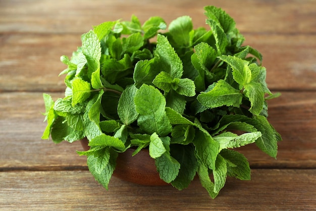 Bunch of green mint on wooden background