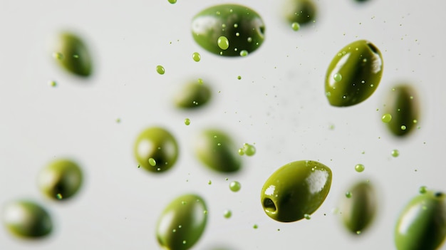 Photo a bunch of green olives are being splashed with water