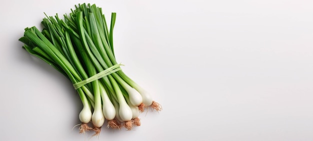 Bunch of green onions on a white background top view Generative Ai