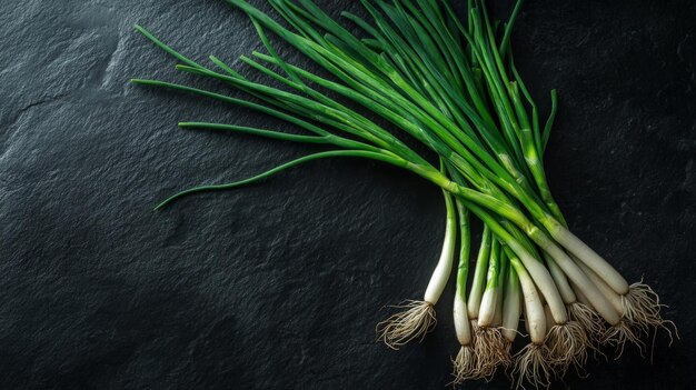 A Bunch of Green Onions with Roots on a Black Surface