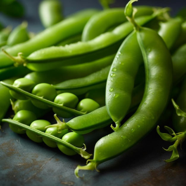 A bunch of green peas are on a table with a dark background.