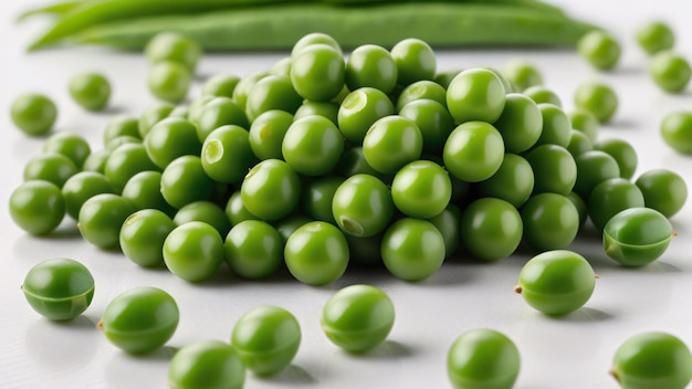 a bunch of green peas on a white table