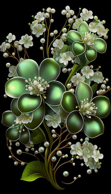 Bunch of green and white flowers on a black background generative ai