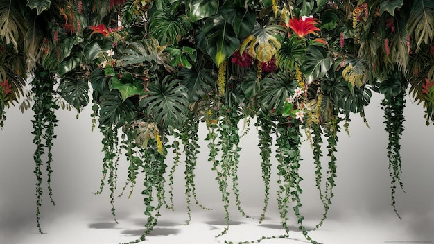 a bunch of hanging flowers with a red flower on the bottom