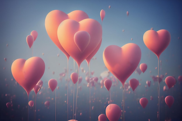 Bunch of heart balloons floating in the air