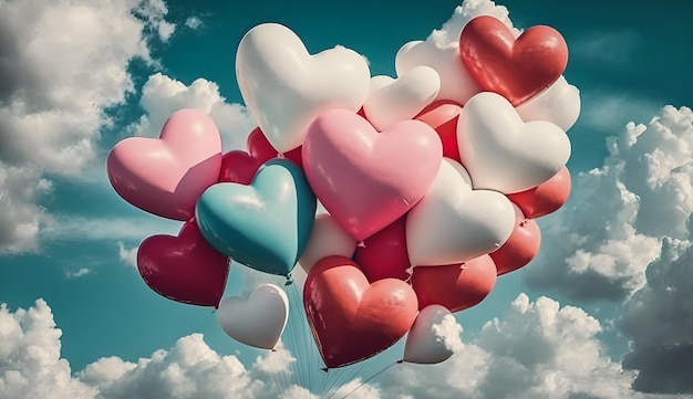 A bunch of heart balloons in the sky with the word love on it