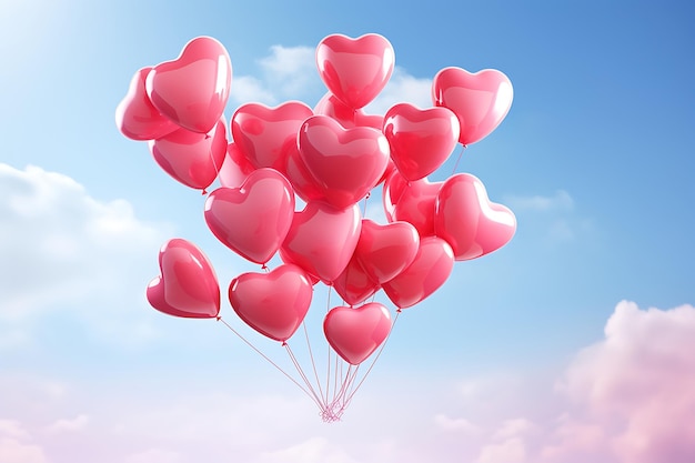 a bunch of heart shaped balloons floating in the air