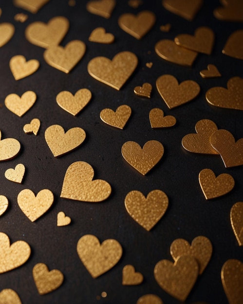 a bunch of heart shaped gold hearts are on a black background