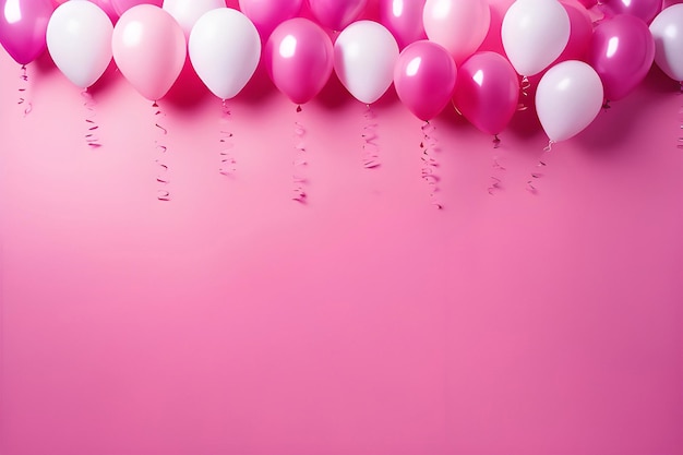 A bunch of helium balloons rising on a pink background for birthdays and parties with copy space