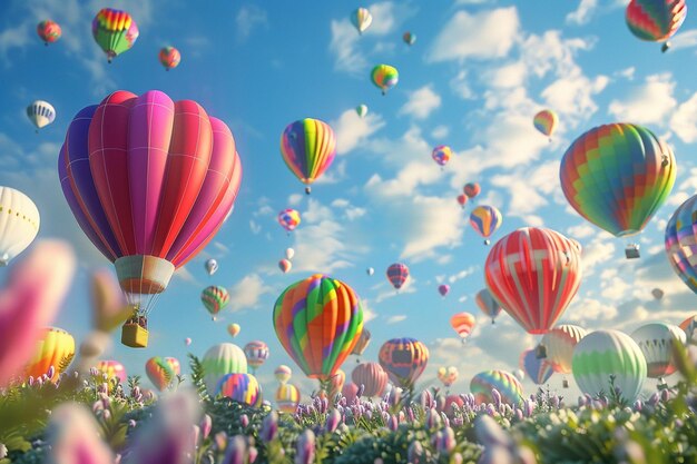 a bunch of hot air balloons flying in the sky with the words hot air balloons in the background