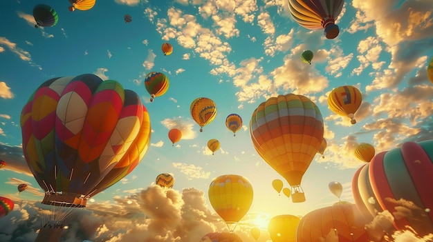 Photo a bunch of hot air balloons in the sky with the sun behind them