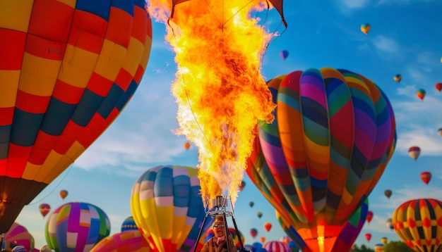 Photo a bunch of hot air balloons with flames rising out of them