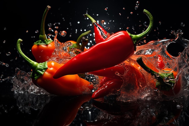 bunch hot peppers fire with water splashing out