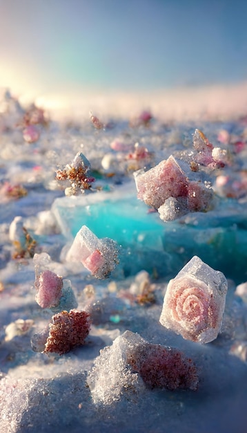 Bunch of ice cubes sitting on top of a snow covered ground generative ai