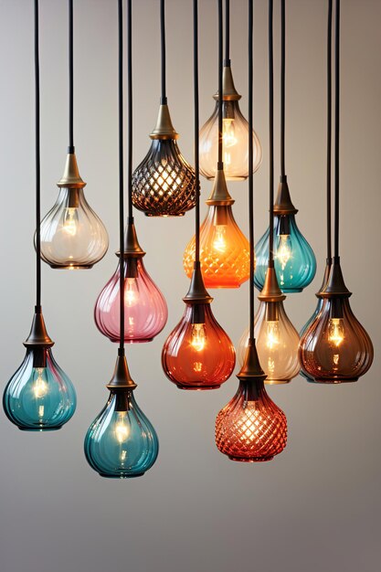 A bunch of isolated Vintage multi color light bulbs hanging from a ceiling