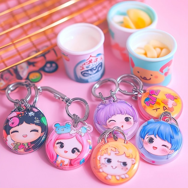 Photo a bunch of keychains with one that says hello kitty on it