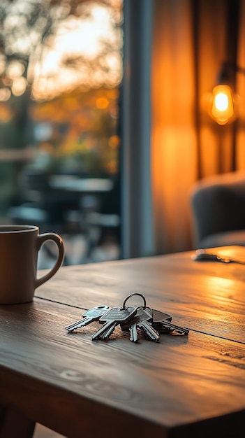 Photo a bunch of keys lie on a wooden table in a room with an evening sunset view