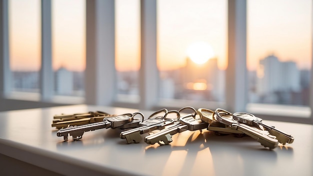 Photo a bunch of keys on a table with the sun setting behind them