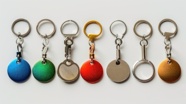 Photo a bunch of keys with a red ball and a gold ring with a red ball on it