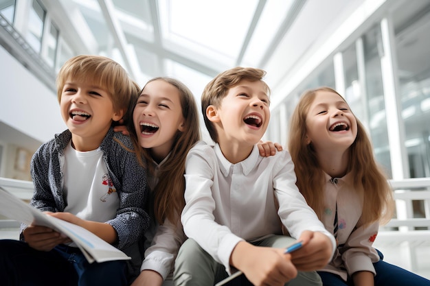 A Bunch of Kids Sitting at a Desk and Talking