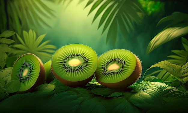 a bunch of kiwi fruit with a green background