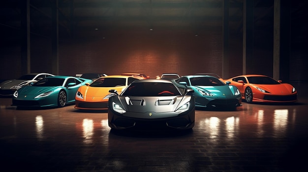 A bunch of lamborghinis in a dark room