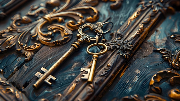 Photo a bunch of large antique keys closeup lies on an antique carved door removed from its hinges