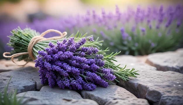 a bunch of lavender flowers are on a stone surface