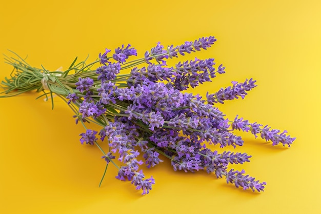 a bunch of lavender flowers on a yellow background