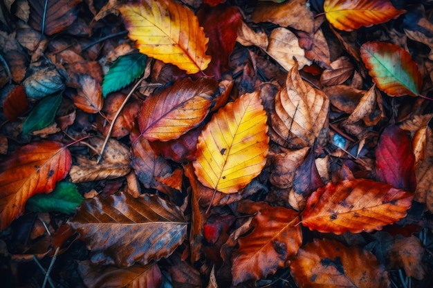 Bunch of leaves laying on the ground in the leaves of forest Generative AI