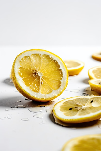 A bunch of lemons are on a table with water droplets.