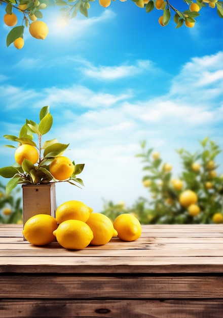 A bunch of lemons on a table with a blue sky in the background